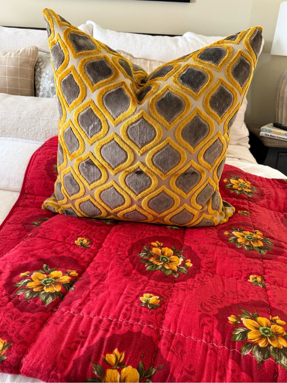 Designer Velvet Throw Pillow in Mustard and Grey